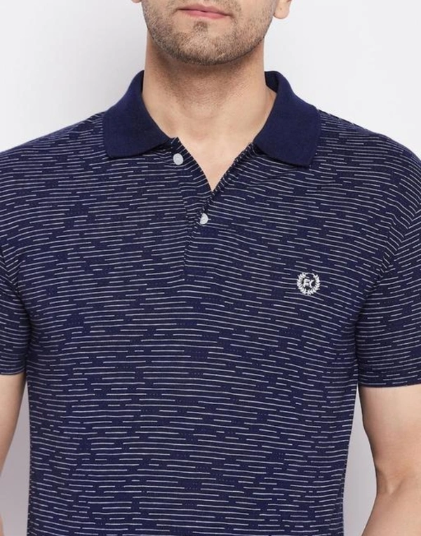 Navy Self Design Polo Collar Men's Cotton T-Shirt - L