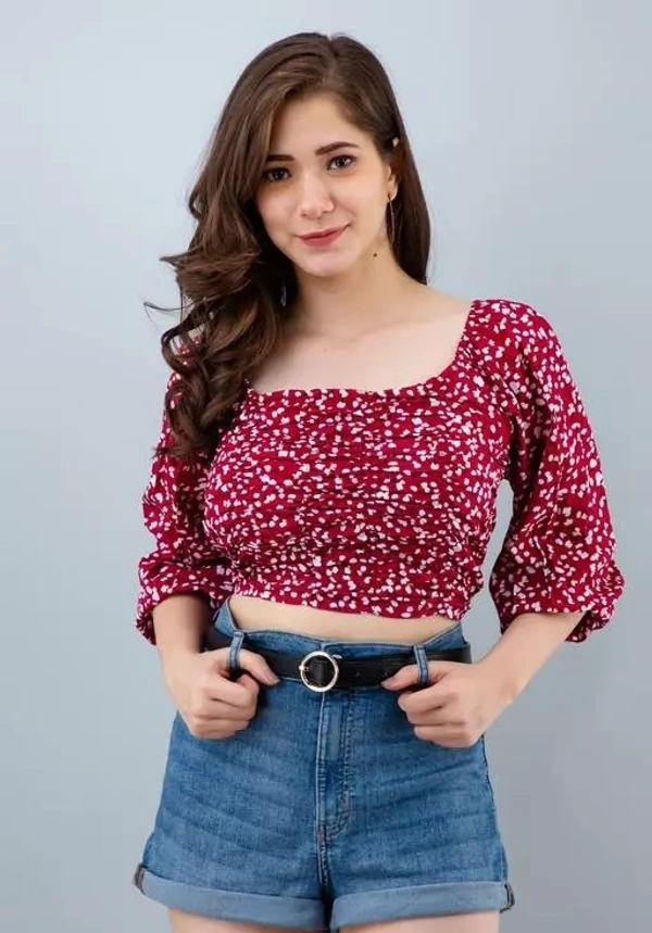 WOMEN HALF SLEEVE PRINTED RED COLOR SHIRT STYLE CROP TOP - M