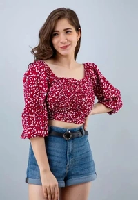 WOMEN HALF SLEEVE PRINTED RED COLOR SHIRT STYLE CROP TOP - M