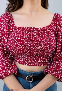 WOMEN HALF SLEEVE PRINTED RED COLOR SHIRT STYLE CROP TOP - M