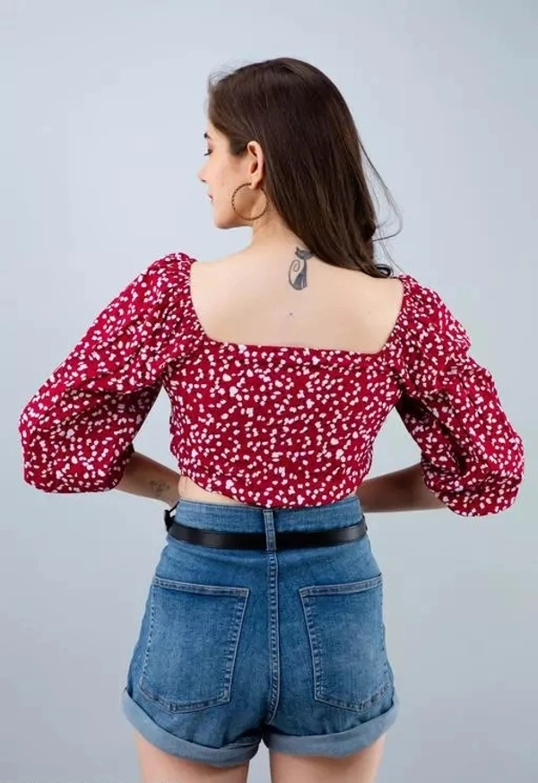 WOMEN HALF SLEEVE PRINTED RED COLOR SHIRT STYLE CROP TOP - M