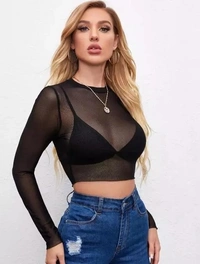 Sheer Mesh Long Sleeve Crop Top Without Bra - L
