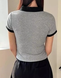 Crop Collar T-Shirt - Gray, L