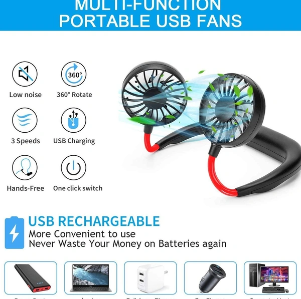 Hand Free Neck Fan, Rechargeable Mini USB Personal Fan with 360 Rotation, 3 Adjustable Speeds for Home, Sport, Camping, Beach, Travel, Office (Black)