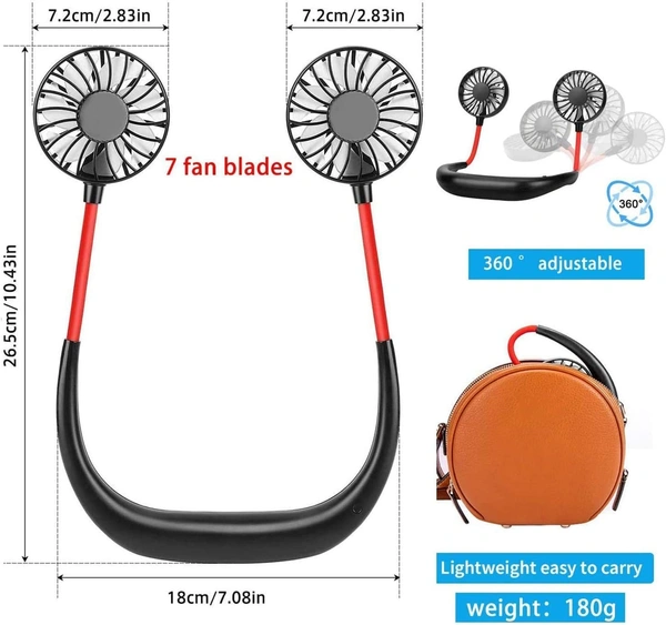 Hand Free Neck Fan, Rechargeable Mini USB Personal Fan with 360 Rotation, 3 Adjustable Speeds for Home, Sport, Camping, Beach, Travel, Office (Black)
