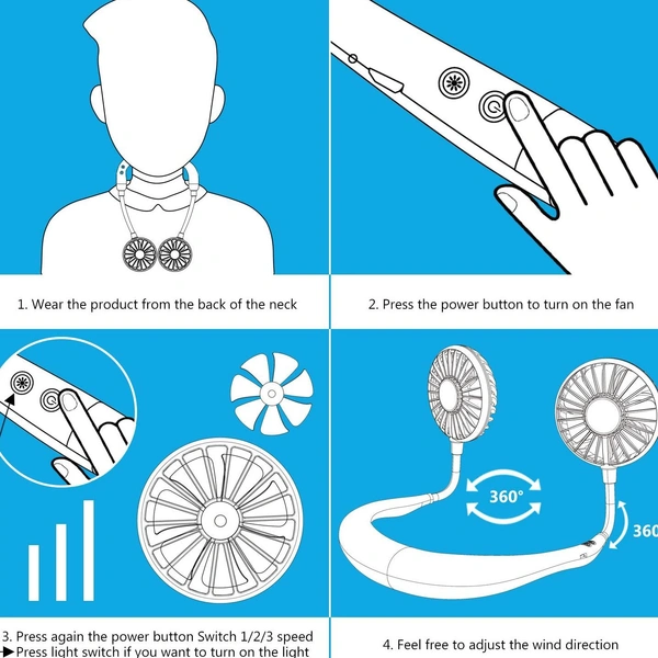 Hand Free Neck Fan, Rechargeable Mini USB Personal Fan with 360 Rotation, 3 Adjustable Speeds for Home, Sport, Camping, Beach, Travel, Office (Black)