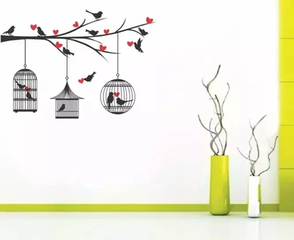 Birds Cages Love' PVC Vinyl Wall Sticker ,SIZE 85 X 121 CM) Wall Stickers | Wall Sticker for Living Room -Bedroom - Office - Home Hall Decor | Beautiful Decorative