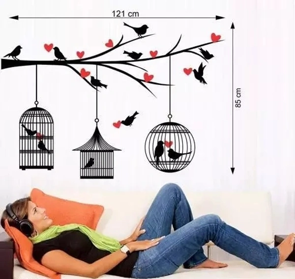 Birds Cages Love' PVC Vinyl Wall Sticker ,SIZE 85 X 121 CM) Wall Stickers | Wall Sticker for Living Room -Bedroom - Office - Home Hall Decor | Beautiful Decorative