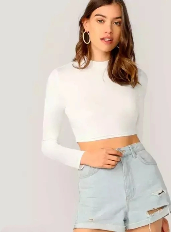 Polyester Blend Full Sleeves Casual White Crop Top (17"Inches) - M