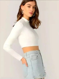 Polyester Blend Full Sleeves Casual White Crop Top (17"Inches) - M