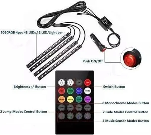 Atmosphere light, 12 LED 4 Strip Car Led Light 12V 8 Color Music Light With Music Senser LED Under Dashboard 