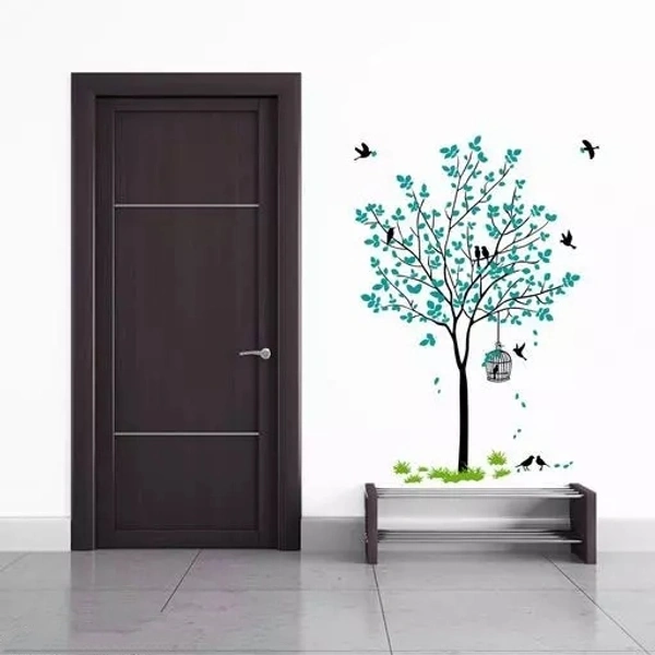 Blue Tree With Birds Cage And Nest