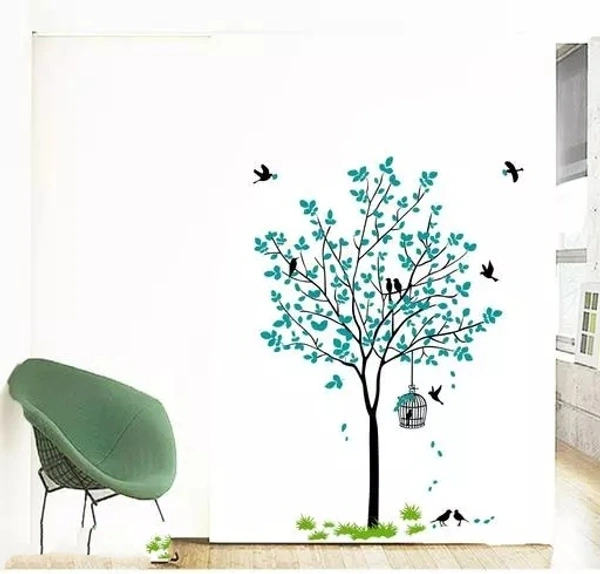 Blue Tree With Birds Cage And Nest