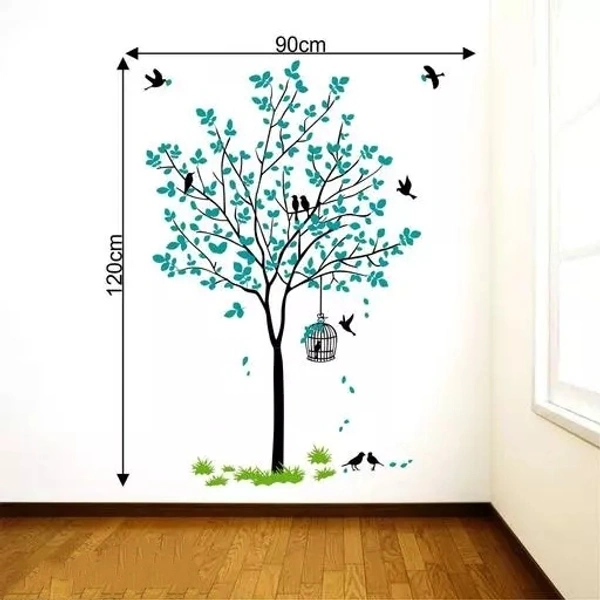 Blue Tree With Birds Cage And Nest
