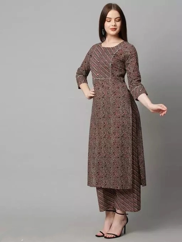 Anni Designer Women's Cotton Blend Brown Printed Kurta with Palazzo - M