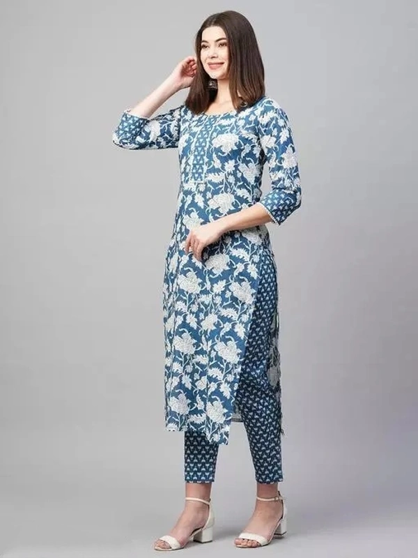 Anni Designer Women's Cotton Blend Blue Straight Printed Kurta with Trouser - M