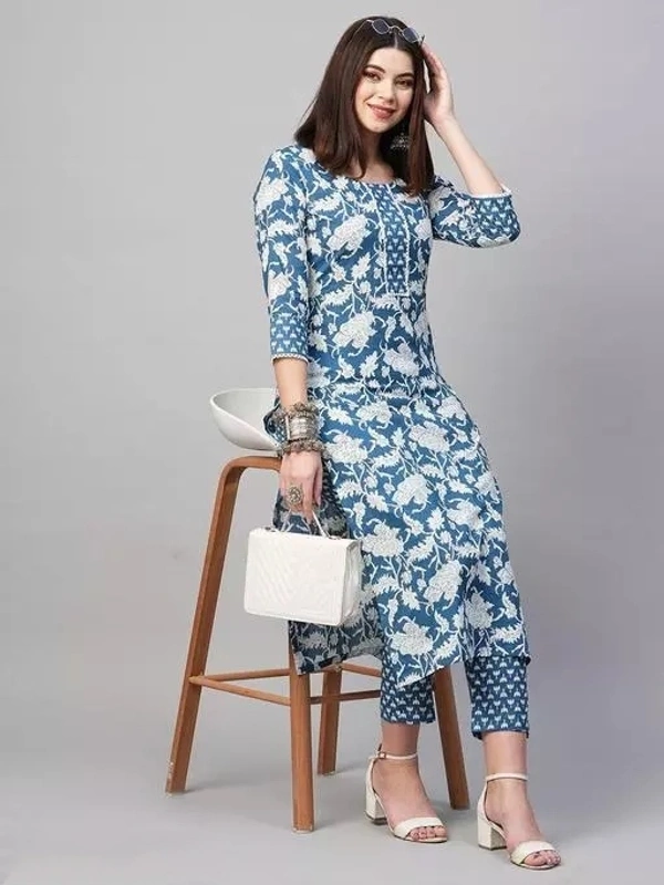 Anni Designer Women's Cotton Blend Blue Straight Printed Kurta with Trouser - L