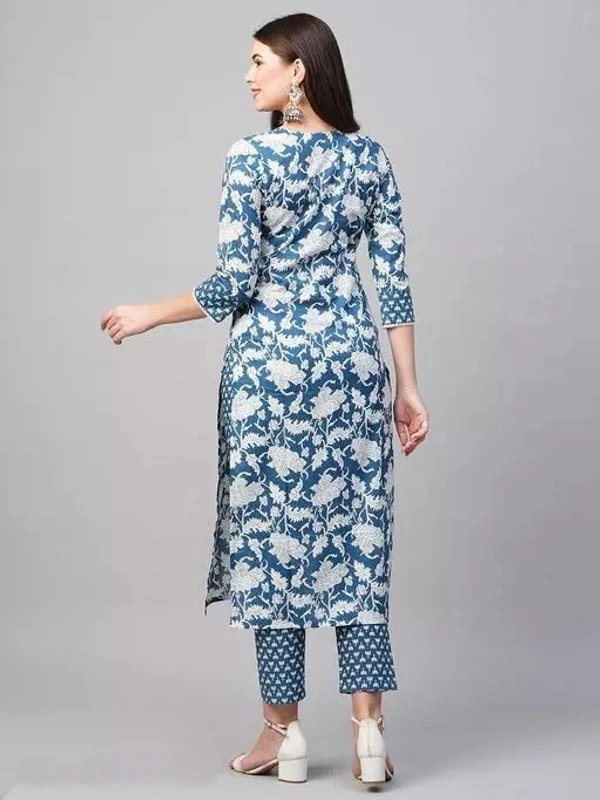 Anni Designer Women's Cotton Blend Blue Straight Printed Kurta with Trouser - L