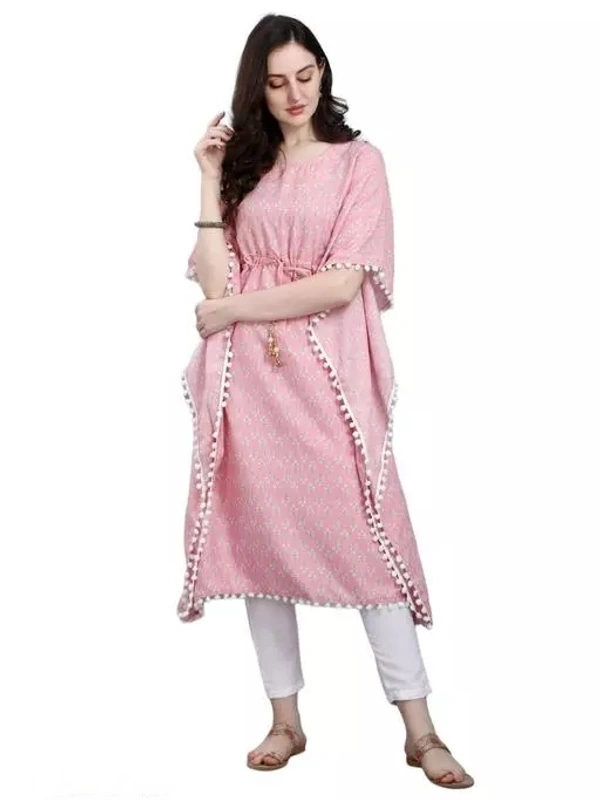 Women Stylish Printed Amrican Crepe Kaftan-Kurtis With Latkan Dori (Pink) - L