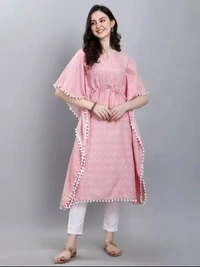 Women Stylish Printed Amrican Crepe Kaftan-Kurtis With Latkan Dori (Pink) - L