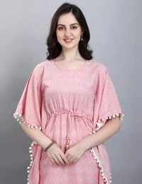 Women Stylish Printed Amrican Crepe Kaftan-Kurtis With Latkan Dori (Pink) - L
