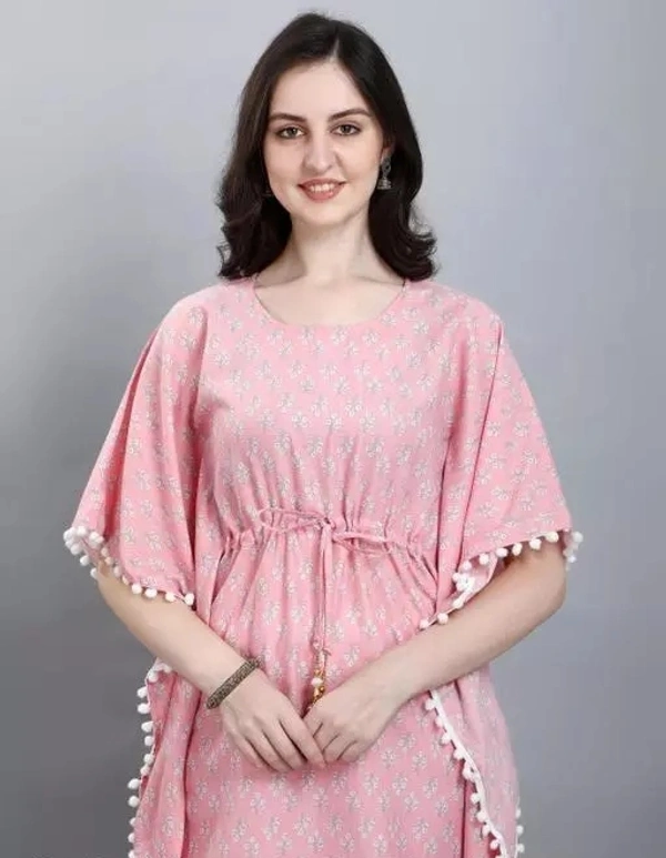 Women Stylish Printed Amrican Crepe Kaftan-Kurtis With Latkan Dori (Pink) - L