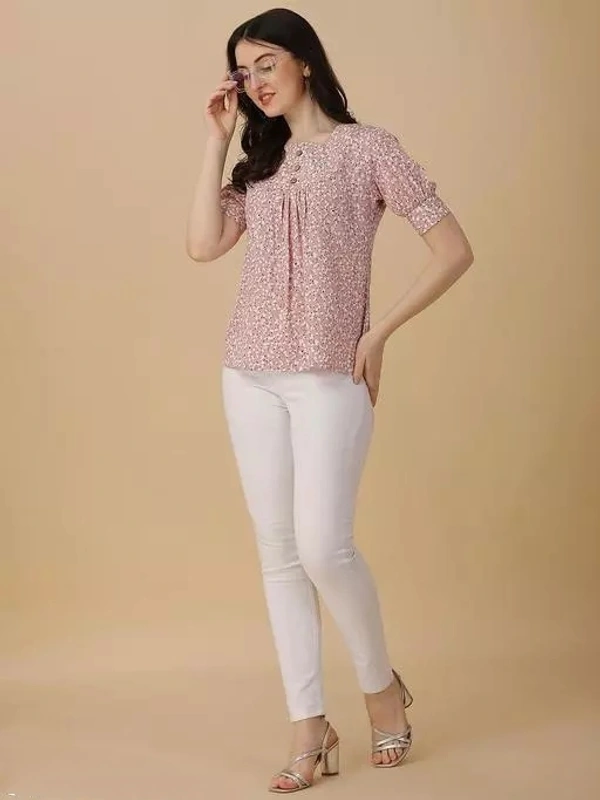 OK QUEST Pink and White Crepe Western Top for women - S
