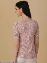 OK QUEST Pink and White Crepe Western Top for women - S
