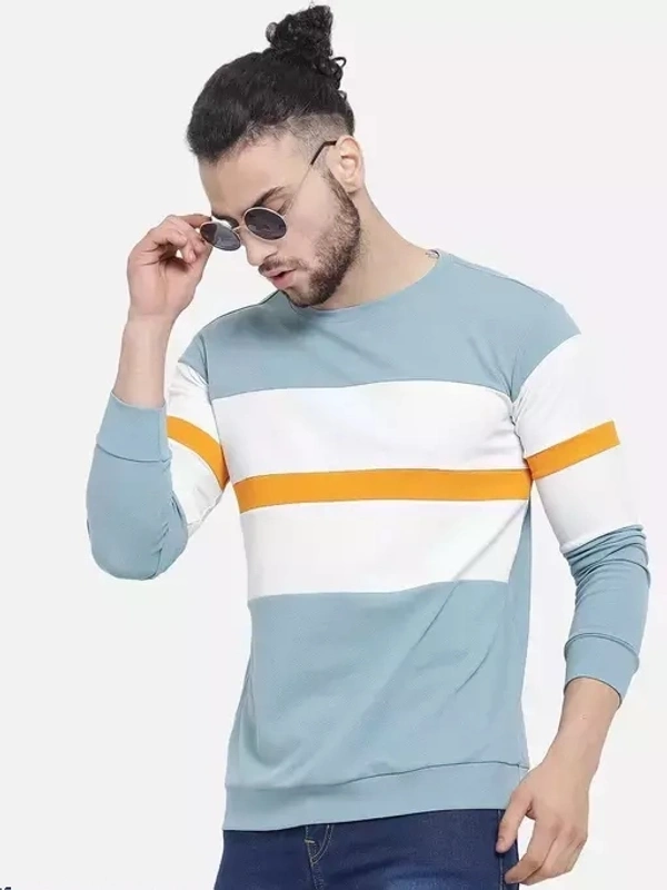 Poly Blend Aqua Blue Long Sleeves Striped Tshirts - S