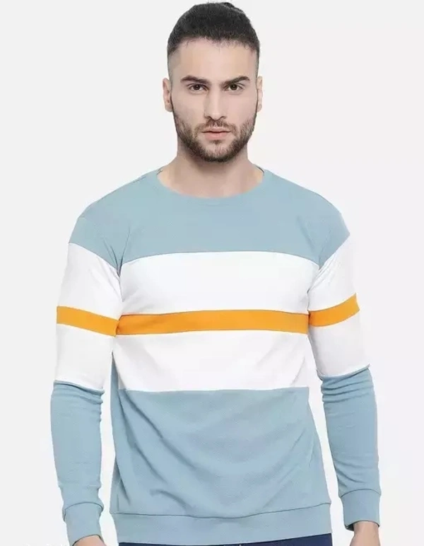 Poly Blend Aqua Blue Long Sleeves Striped Tshirts - S