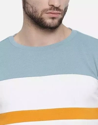 Poly Blend Aqua Blue Long Sleeves Striped Tshirts - S