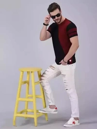 Cotton Blend Multicolor Short Sleeves Colorblocked Tshirts - M
