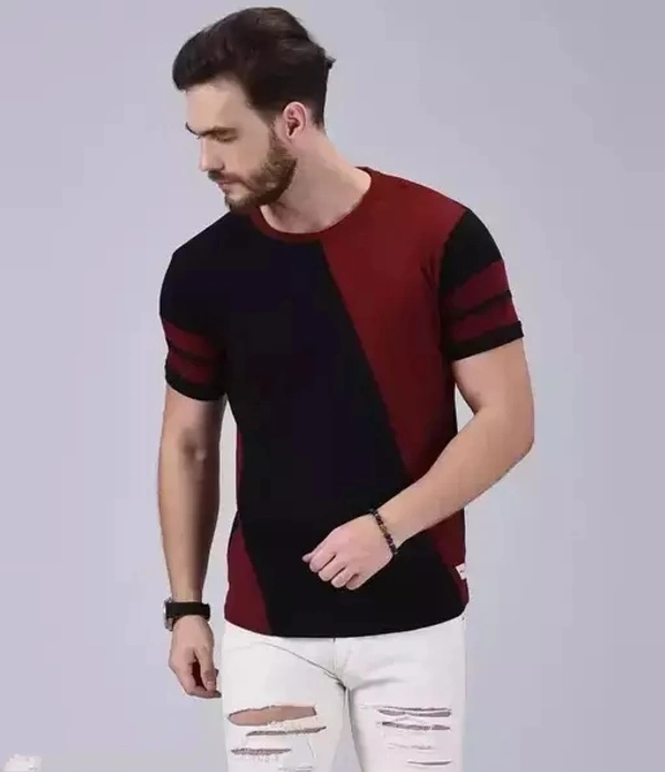 Cotton Blend Multicolor Short Sleeves Colorblocked Tshirts - L