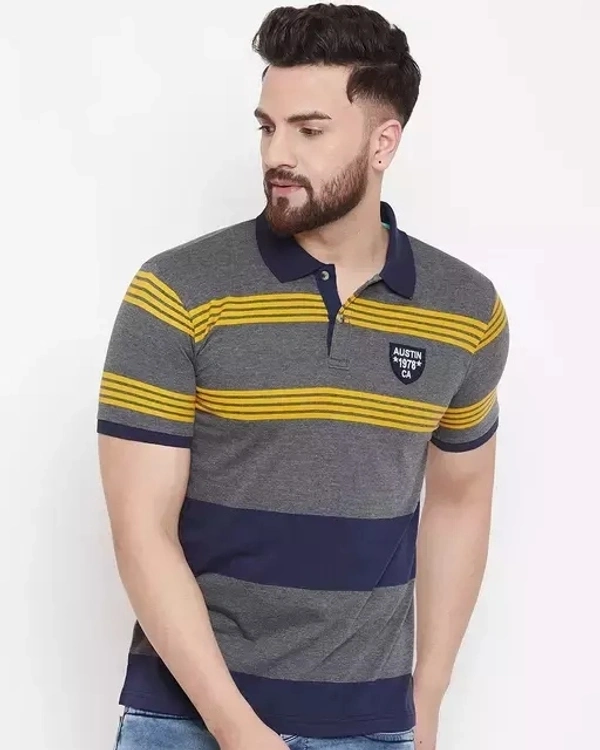 Austin Wood Men's Grey Striped Polo Neck T-shirt-Plus Size Also Available - L
