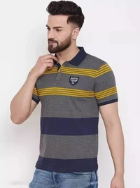 Austin Wood Men's Grey Striped Polo Neck T-shirt-Plus Size Also Available - L