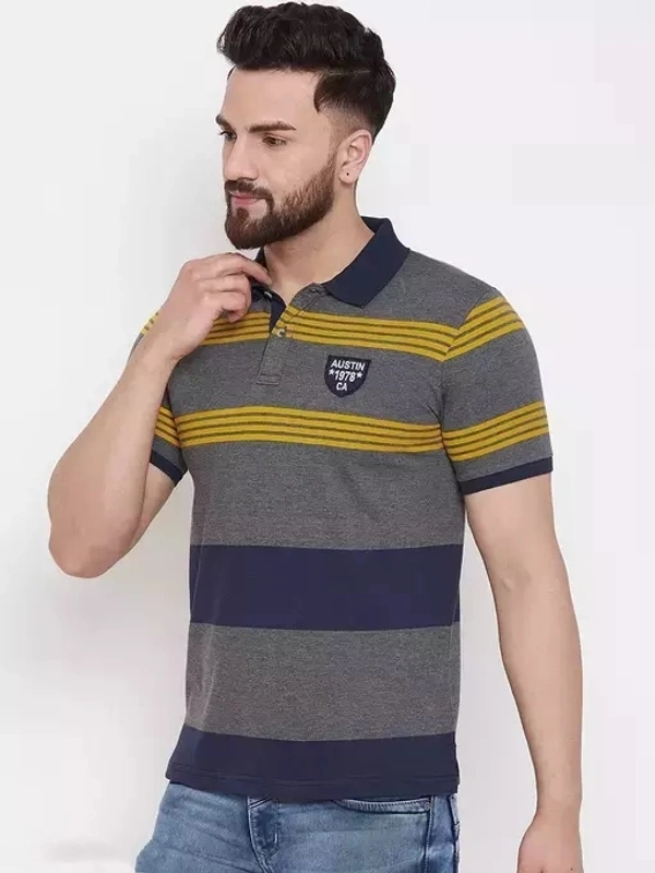 Austin Wood Men's Grey Striped Polo Neck T-shirt-Plus Size Also Available - L