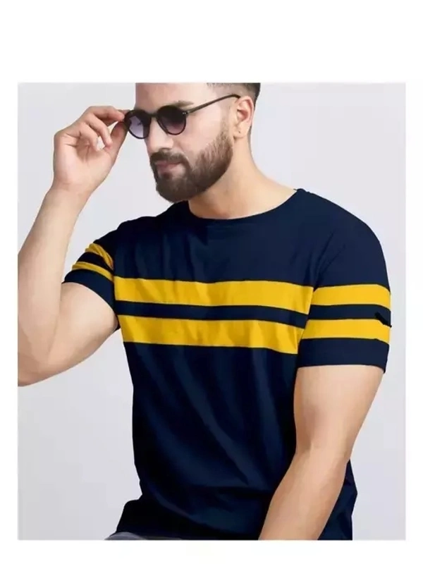 Cotton Navy Blue Short Sleeves Striped Tshirts - L