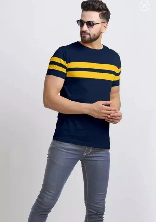Cotton Navy Blue Short Sleeves Striped Tshirts - L
