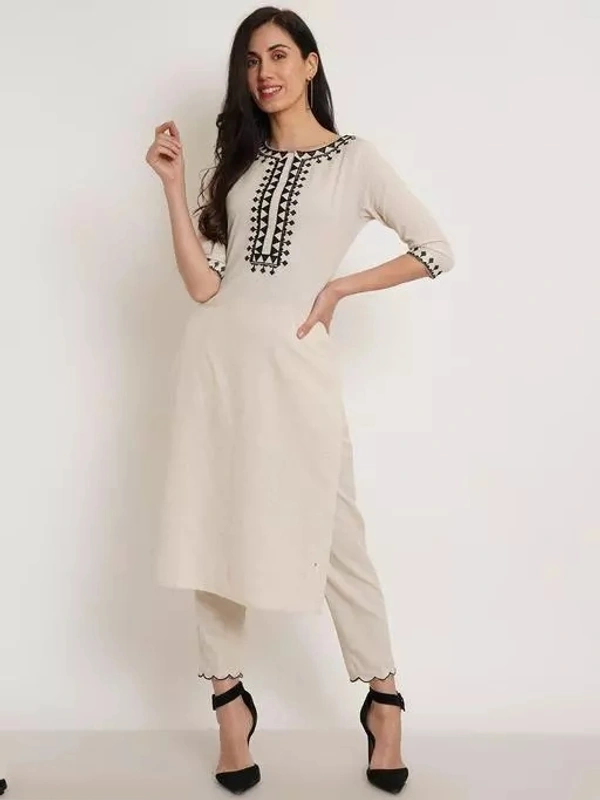 Brownvese Women Off White Cotton Embroidered Kurta and Pant Set - XS