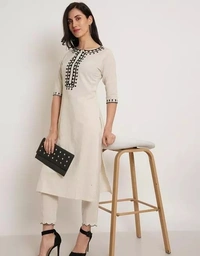 Brownvese Women Off White Cotton Embroidered Kurta and Pant Set - XS