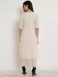 Brownvese Women Off White Cotton Embroidered Kurta and Pant Set - XS