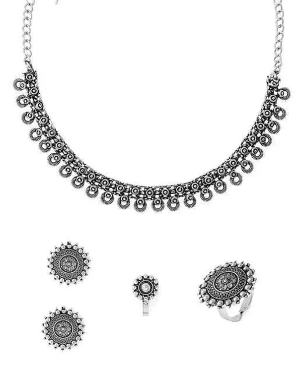 Women's Latest Design Silver Oxidised Necklace Contemporary Design Ethnic Choker Necklace Set with Nose