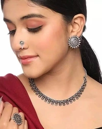 Women's Latest Design Silver Oxidised Necklace Contemporary Design Ethnic Choker Necklace Set with Nose