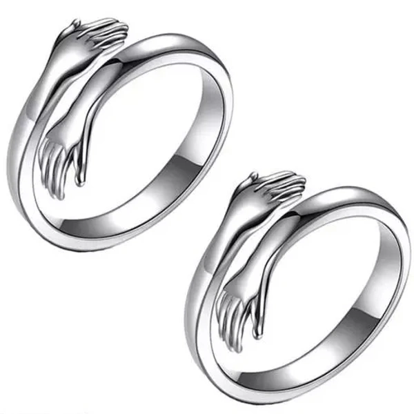 Stainless Steel Stylish Fashionable Adjustable HUG Ring “Give me a HUG Theme” Love & Promise Ring for Husband & Wife / Men & Women / Boys & Girls / Boyfriend & Girlfriend & for Gift( pack of 2) 
