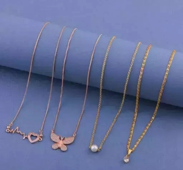 Vesture Knot Combo Of 4 Heartbeat & Butterfly/Titli Pendal Chain In Rose Gold Platted And Pearl & Diamond Pendant Chain In Gold Platting For Girl's & Women's (Buy 2 Get 2 Free)