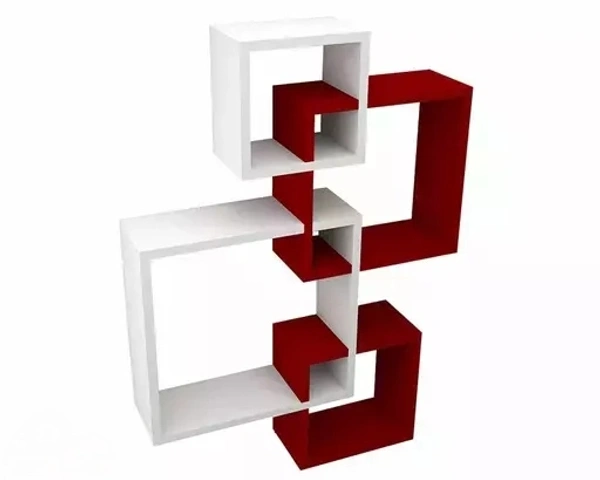 Wooden Intersecting Wall Shelves for Living Room, Bedroom | MDF Floating Wall Mount Shelf/Rack/Stand/Showcase for Home Decor - Wall Hanging Storage Unit, Set of 4 – White and Red