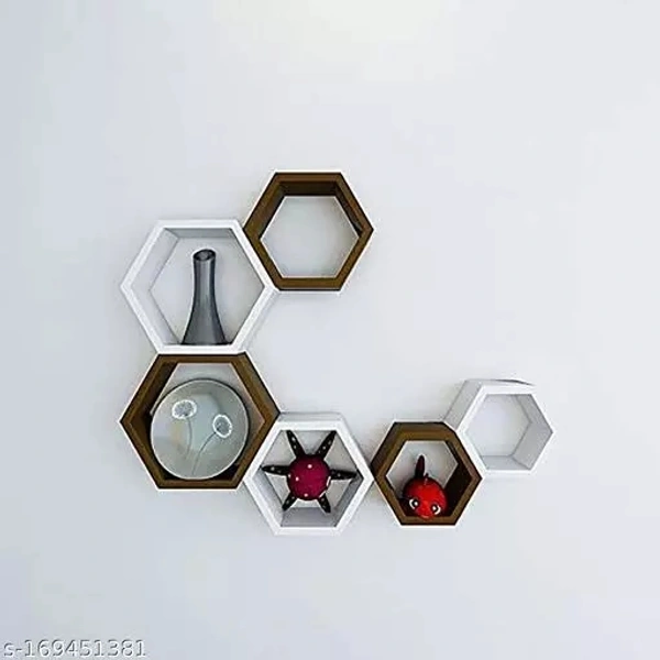 Dazzling Decor ® Hexagonal Shape Floating Wall Mounted Shelf for Living Room | Bed Room | Kitchen | Home Decoration Set of 6 (Brown & White)
