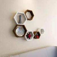 Dazzling Decor ® Hexagonal Shape Floating Wall Mounted Shelf for Living Room | Bed Room | Kitchen | Home Decoration Set of 6 (Brown & White)