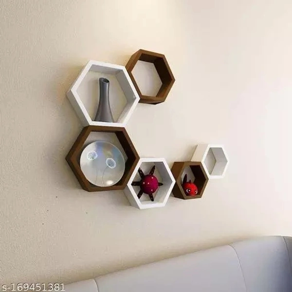 Dazzling Decor ® Hexagonal Shape Floating Wall Mounted Shelf for Living Room | Bed Room | Kitchen | Home Decoration Set of 6 (Brown & White)