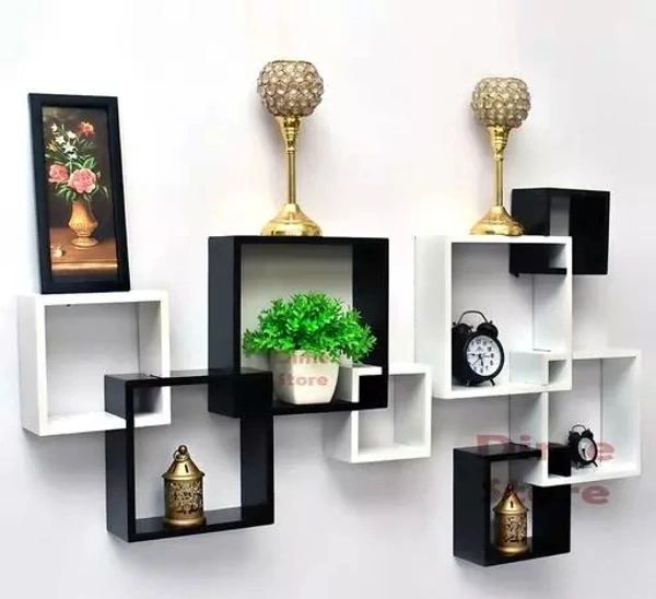Wooden Floating Wall Mount Shelf for Livingroom , Wall Decoration Shelf for Bedroom , Office Wooden Intersecting Wall Shelves Set of 8 (Black & Red)